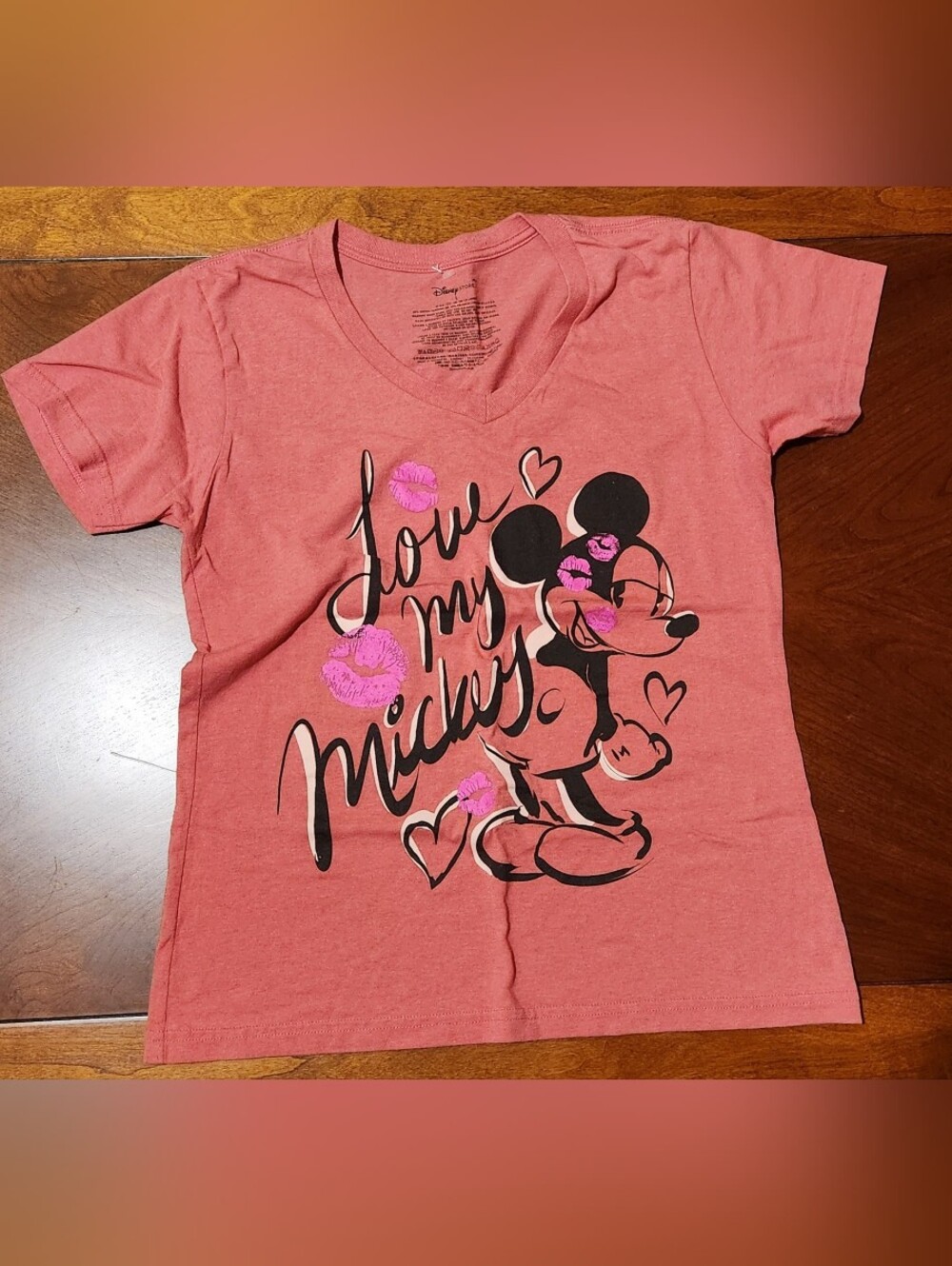 Disney Coral Pink Mickey Kiss V-Neck Graphic Tee
